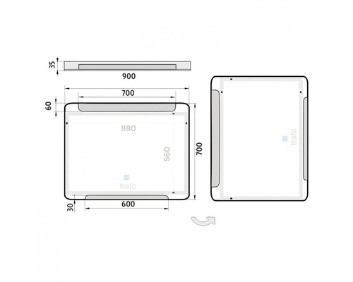 Technický nákres zrkadla s rozmermi
