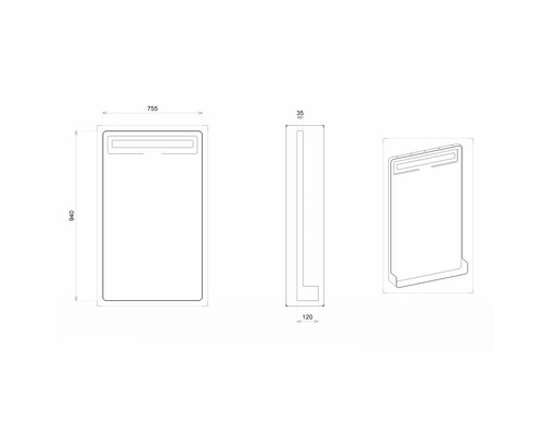 Technický nákres zrkadla s osvetlením a rozmermi.