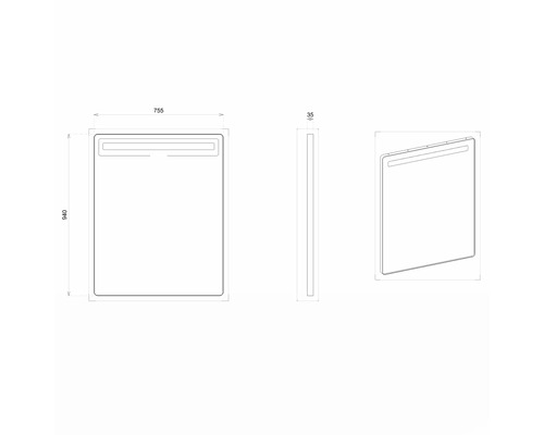 Technický nákres zrkadla s osvetlením a rozmermi