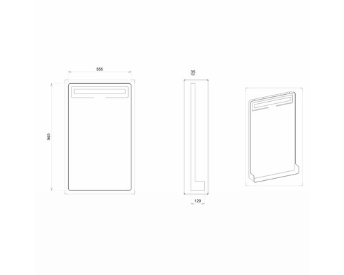 Technický nákres kúpeľňového zrkadla s LED osvetlením a rozmermi 940 x 555 x 35 mm