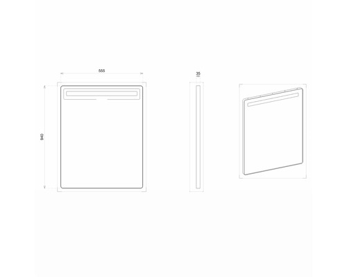 Technický nákres zrkadla s rozmermi 555 x 940 x 35 milimetrov.