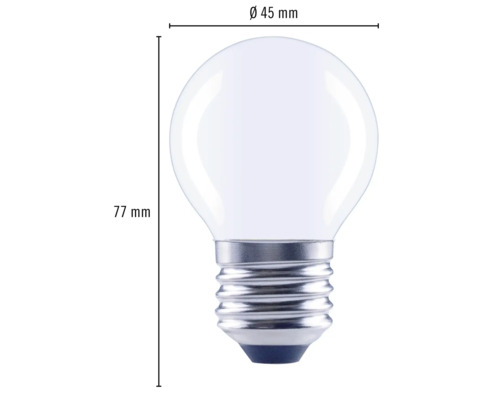 Guľovitá žiarovka s rozmermi 45 mm priemer a 77 mm dĺžka.