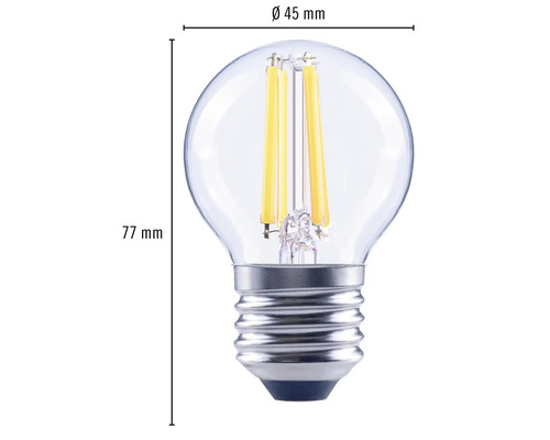 Obrázok žiarovky Filament LED s rozmermi 45 mm v priemere a 77 mm na dĺžku.