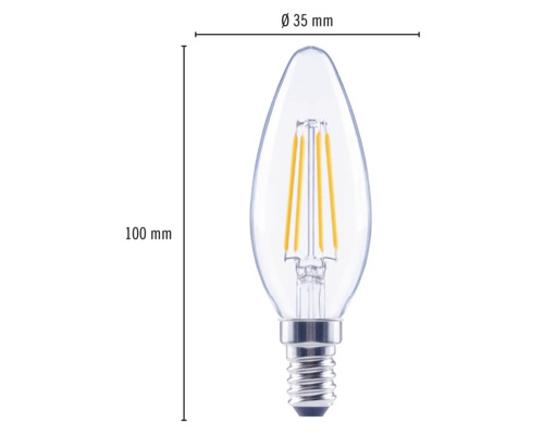 LED žiarovka v tvare kvapky s päticou E14, rozmery 100 mm x 35 mm