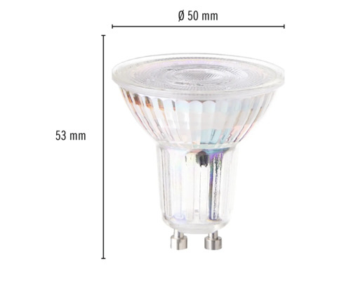 Žiarovka GU10 s rozmermi 50 milimetrov v priemere a 53 milimetrov na výšku