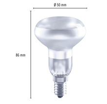 R50 reflektorová lampa s rozmermi 86 mm výška a 50 mm priemer