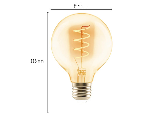 Žiarovka v tvare gule s rozmermi 80 mm v priemere a 115 mm na výšku.