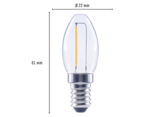 LED žiarovka E14 v tvare sviečky s rozmermi 61 mm výška a 22 mm priemer
