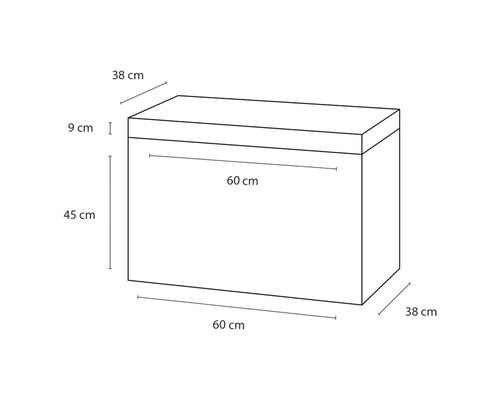 Ilustrácia úložného boxu s rozmermi 60 cm dĺžka, 38 cm šírka a 45 cm výška.