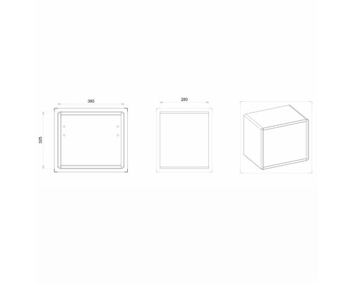 Technický nákres nástenného zapusteného puzdra reflektora s rozmermi