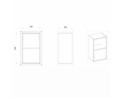 Technický výkres závesnej kúpeľňovej skrinky s rozmermi.