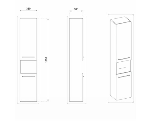 Nákres vysokej kúpeľňovej skrinky s rozmermi 1860 x 380 x 300 milimetrov.