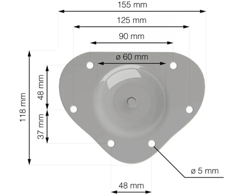 Technický výkres nábytkového kolieska s rozmermi 155 mm šírka, 118 mm výška a priemer otvoru pre skrutku 5 mm