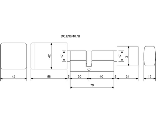 Technický nákres vložky zámku dverí s rozmermi