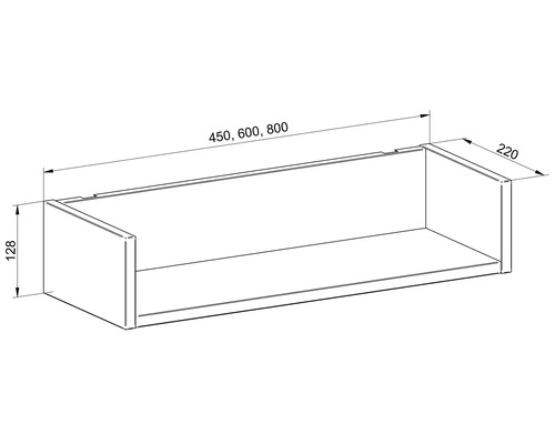 Technický výkres police s rozmermi 450, 600, 800 mm šírka, 128 mm výška a 220 mm hĺbka.