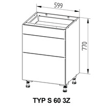 Technický nákres spodnej skrinky s tromi zásuvkami, rozmery 599x770 mm.