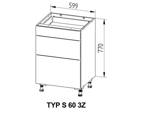 Technický nákres spodnej skrinky s tromi zásuvkami, rozmery 599x770 mm.