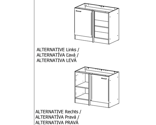 Rohová spodná skrinka s variantmi ľavých a pravých dverí ako schematický nákres