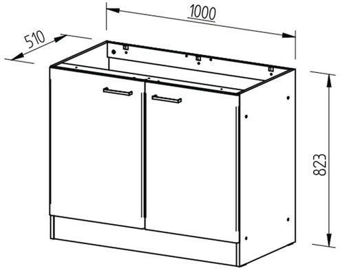 Technický nákres skrinky pod umývadlo s rozmermi 1000 x 510 x 823 mm.
