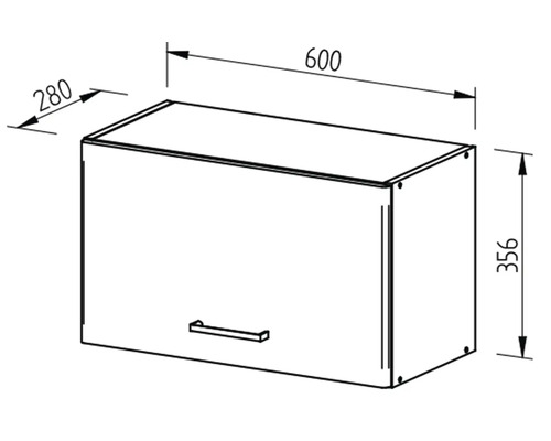 Technický nákres závesnej skrinky s úchytkou a rozmermi