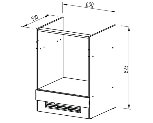 Obrázok kuchynskej skrinky s rozmermi 600, 510 a 823 milimetrov.