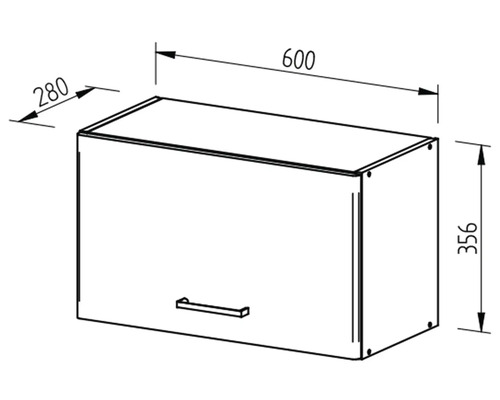 Technický nákres závesnej skrinky s rozmermi 600, 280 a 356 milimetrov