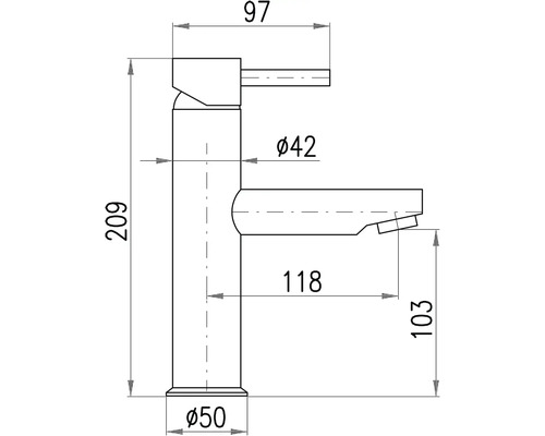 Technický nákres umývadlovej batérie s rozmermi