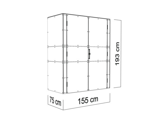 Detailné zobrazenie skrine s rozmermi 193 cm výška, 155 cm šírka a 75 cm hĺbka.