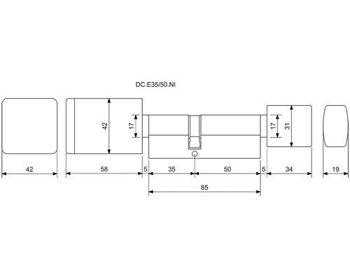 Technický výkres cylindrického zámku s rozmermi
