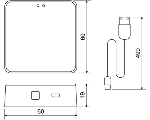 Technický nákres zariadenia s USB káblom a rozmermi
