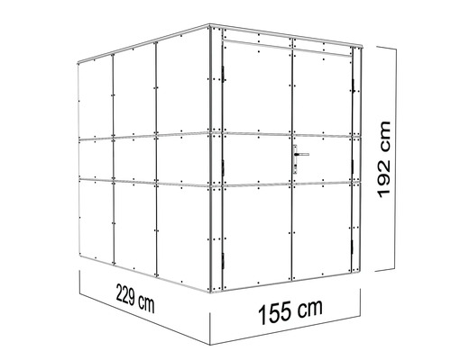 Zobrazenie záhradného domčeka s rozmermi 229 cm šírka, 155 cm hĺbka a 192 cm výška.