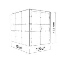 Obrázok záhradného domčeka s rozmermi 192 cm výška, 229 cm šírka a 155 cm hĺbka.