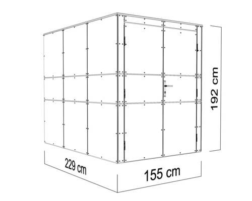 Obrázok záhradného domčeka s rozmermi 192 cm výška, 229 cm šírka a 155 cm hĺbka.