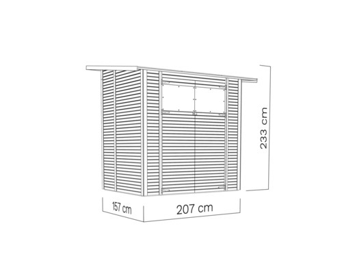 Ilustrácia záhradného domčeka s rozmermi 233 cm výška, 157 cm hĺbka a 207 cm šírka