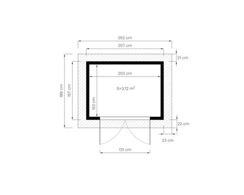Pôdorys s rozmermi v centimetroch a údajom o ploche v metroch štvorcových