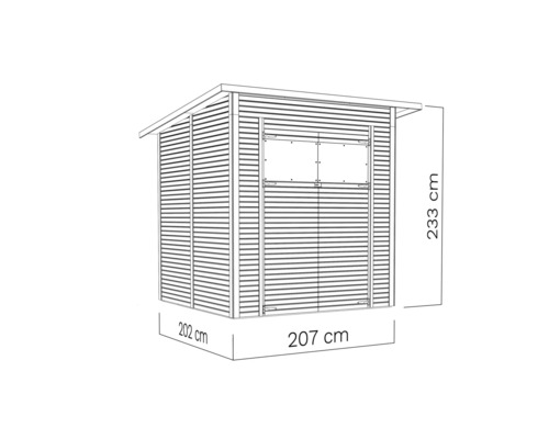 Záhradná skrinka z dreva s rozmermi 202 krát 207 krát 233 centimetrov.