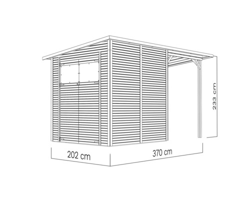 Ilustrácia záhradného domčeka so šírkou 202 centimetrov, hĺbkou 370 centimetrov a výškou 233 centimetrov.