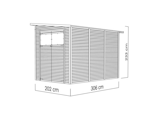Ilustrácia záhradného domčeka s rozmermi 202 centimetrov krát 306 centimetrov krát 233 centimetrov.