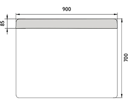 Technický výkres kúpeľňového zrkadla s rozmermi 900 x 700 x 85 mm.
