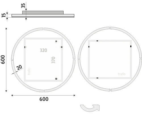 Technický nákres kruhového zrkadla s rozmermi.