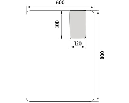 Technický nákres s rozmermi: šírka 600 mm, výška 800 mm, výrez hlboký 300 mm a široký 120 mm