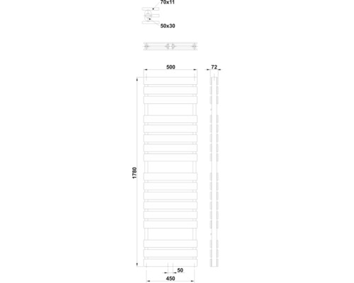 Technický nákres radiátora na uteráky s rozmermi.