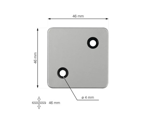 Štvorcová doska s dvoma otvormi a rozmermi: 46 mm x 46 mm, priemer otvoru 4 mm.
