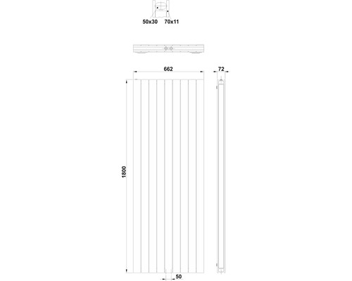 Technický výkres radiátora s rozmermi.