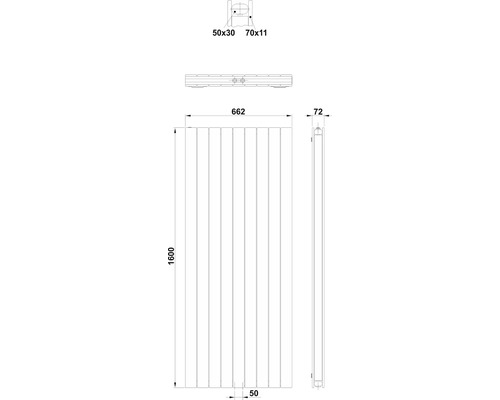 Technický nákres radiátora s rozmermi