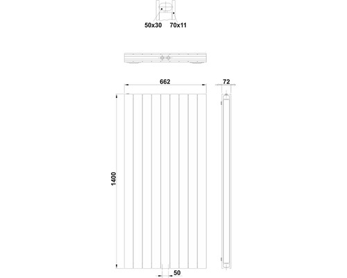 Technický nákres radiátora s rozmermi.