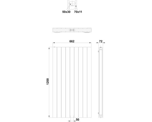 Technický výkres radiátora s rozmermi.