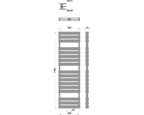 Technický nákres radiátora s rozmermi.