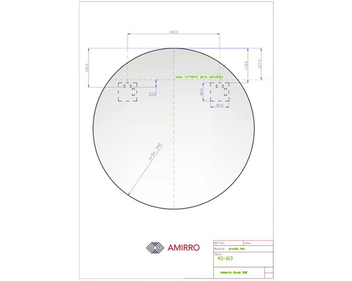 Technický výkres okrúhleho zrkadla s rozmermi