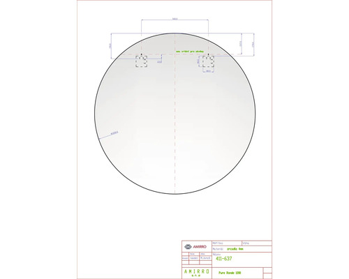 Technický nákres okrúhleho zrkadla s rozmermi pre montáž